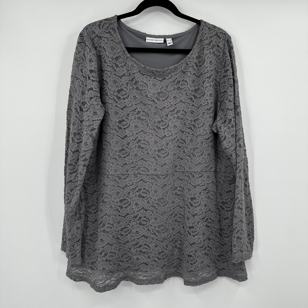 Susan Graver Gray Lace Overlay Long Sleeve Tunic Top Women's XL